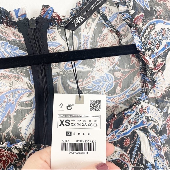 Zara Paisley Print Ruched Mini Dress XS Blue Black Casual Cocktail Party - Picture 10 of 11